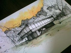 a drawing of a building with trees in the back ground and yellow sky above it