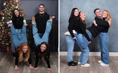 three people are posing in front of a christmas tree with their feet on the ground