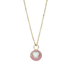 Upgrade your jewelry wardrobe with our Ethiopian Opal & Pink Sapphire Peekaboo Heart Necklace. Crafted in 18k gold and tonal pink sapphires, this ball necklace showcases a stunning giant morganite heart, which opens up to reveal another pavé sapphire heart mirrored at its center. The most unique gift for a special woman you love. Locket Necklaces, Gold Locket Necklace, Heart Mirror, Ring Bracelet Chain, Round Locket, Jewelry Wardrobe, Unique Jewelry Gifts, Heart Locket Necklace, Gold Locket