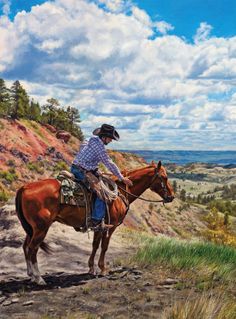 a painting of a man riding on the back of a brown horse down a dirt road