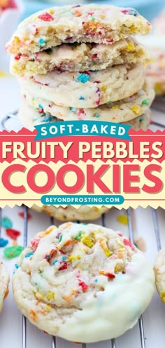 FRUITY PEBBLE COOKIES, christmas cookies, holiday baking list, easy desserts, sweet treats Cookie Recipes Fruity Pebbles, Cute Easy Bake Sale Ideas, Soft Top Cookies, Different Kinds Of Cookies To Make, Fruit Pebble Cookies, Fruity Pebbles Dessert Ideas, Best Summer Cookies, Fruity Pepples Desserts, Coco Pebbles Cookies