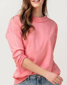 Crinkle acid wash mock neck drop shoulder tunic top.    100% cotton Faded Soft-washed Crew Neck T-shirt, Pink Washed Crew Neck T-shirt, Acid Wash Stonewashed Cotton T-shirt, Faded Stonewashed Crew Neck T-shirt, Soft-washed Pink Crew Neck Top, Acid Wash, Mock Neck, Long Sleeve Tshirt, Tunic Tops