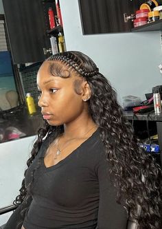 Braids At The Front Weave At The Back, Added Weave Hairstyles, New Back To School Hairstyles, Prom Ideas Hairstyles, Quick Weave With Braids On The Side, Two Braid Curly Wig, Pretty Back To School Hairstyles, Sew In Two Braids, Cute Black Girls Hairstyles Braids Teens