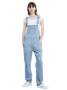 CLASSIC SKINNY LEG OVERALL. Classic denim overalls featuring tapered legs. adjustable straps. and convenient front bib. 2 side. and 2 back pockets to keep your hands free to do other things. DISTRESSED DENIM FOR A VINTAGE LOOK. Just one of those classic pieces that you need in every wardrobe. These cute bib style overalls have a distressed finish to give it a fun. worn look while still being durable due to the high quality cotton used. GREAT FOR CASUAL WEAR. These overalls are the perfect blend of fashion and function. Wear them to protect your clothes during handy projects and use the pockets to keep tools close. You can even style them with sneakers and cropped tee shirt for a casual Distressed Overalls, Overalls For Women, Style Overalls, Cropped Tee Shirt, Cropped Tee, Summer Breeze, Denim Overalls, Light Denim, Crop Tee