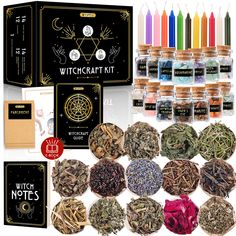 PRICES MAY VARY. ALL IN ONE WITCH SET - 14 witches herbs, 14 crystals, 12 witch candles for spells, 12 sheets of parchment, bonus notebook, and a witches box for the creation of a charming witchcraft altar 100% NATURAL AND REAL - Essential freshly dried spell herbs, 100% natural and unique crystals for witchcraft set, and colored candles for spells made with the highest-quality wax MAKES A UNIQUE GIFT - Our adorable spell supplies will appeal to anyone fond of witchcraft! Packed in a fancy box w Witches Crystals, Herbs For Spells, Witchcraft Kit, Witches Herbs, Witch Starter Kit, Wicca Candles, Witch Kit, Beginner Witch, Witch Altar