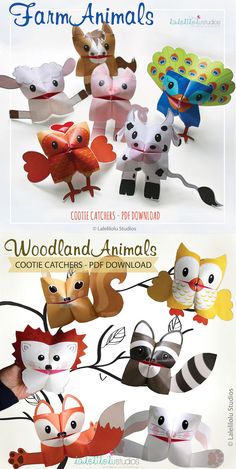 several paper animals are shown in different colors and sizes, with the words woodland animals on them