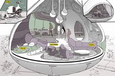 the interior of a futuristic looking living room