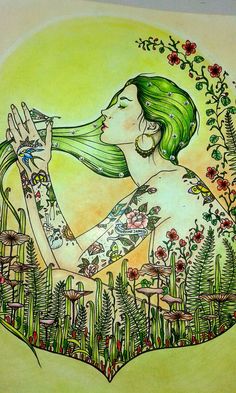 a drawing of a woman with green hair blowing her hair in the air, surrounded by flowers and plants