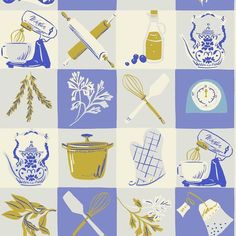 an image of kitchen utensils in blue and yellow