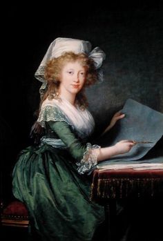 a painting of a woman sitting at a table with a piece of paper in her hand