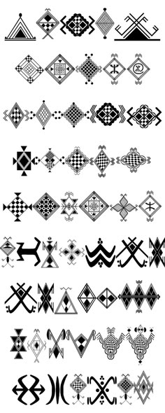 an assortment of black and white lines with different designs on the top, bottom, and bottom