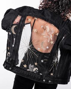 THE COSMIC JACKET (PREORDER) – Dragon Denim Space Outfit, Painted Jacket, Penteado Cabelo Curto, Lace Jacket, Lace Fashion, Colored Denim, Character Outfits, Gold Stars, Black Mesh