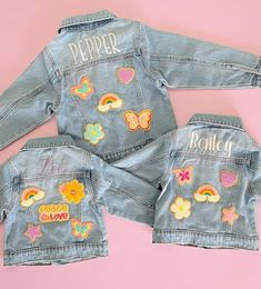 Hi there! Welcome to my shop. These unisex personalized embroidered denim jacket are available in toddler and children's sizes. These Custom denim jacket makes the best birthday or baby shower gift! Jacket Brand: Emmie Baby Co. Jacket is light wash and has a slightly oversized fit. Patches are SEWN ON so you can put these in the washer. Because these are one of a kind, returns are not accepted. Each item is made to order and machine embroidered by me so slight variations may occur. I am unable t Cute Medium Wash Cotton Denim Jacket, Customizable Denim Outerwear For Spring, Customizable Cute Denim Jacket, Customizable Cute Cotton Outerwear, Cute Customizable Cotton Outerwear, Customizable Denim Jacket For Spring, Customizable Long Sleeve Denim Jacket, Cute Medium Wash Cotton Outerwear, Spring Customizable Denim Jacket