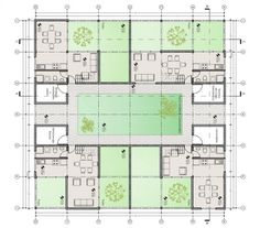 the floor plan for an office building, with several rooms and two bathrooms on each side