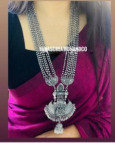 Add style  and charisma to your beautiful personality with this exquisitely designed and  handcrafted silver look alike necklace in high quality  .Pair it up with any casual, semi formal or, formal attire and gather compliments for your unique and classy choice. Ideal wear for both casual and dressy occasionsColour: Antique toneWeight 200 GM's  Length 30-32 inches with an adjustable metal chain*************************************Note: All in stock items will be shipped from New Delhi, India wit Oxidised Jewellery With Saree, Silver Necklaces Indian, Antique Silver Jewelry Indian, Black Metal Necklace, Black Metal Jewelry, Silver Necklace Designs, Traditional Indian Jewellery, Antique Silver Jewelry, Fancy Jewellery Designs