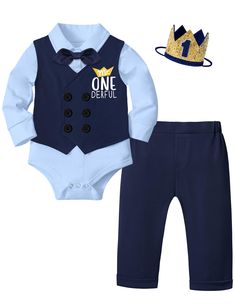 PRICES MAY VARY. 🎂💝 【BREATHABLE MATERIAL】 First birthday boy outfit is made of soft cotton, breathable,stretchy and no irritable to your baby's skin,comfortable for wear. 🎂💝 【CLASSICAL FEATURE】Classical "Mr Onederful" printed, Long Sleeve Romper,Gentleman Double Breasted Vest,Long Pants,Bowtie,Birthday Crown,this birthday outfits make your little boy look very cute, will be get lots of compliments. 🎂💝 【SUITABLE OCCASIONS】 Suit for all season.Cute baby boy birthday outfit is perfect for bab Blue Cotton Set For Birthday, Fitted Cotton Sets For First Birthday, Long Sleeve Cotton Set For Birthday, Cotton Long Sleeve Sets For Birthday, Disney Themed First Birthday Boy, First Birthday Boy Outfit, Baby Boy Birthday Outfit, Birthday Boy Outfit, 1st Birthday Outfit Boy