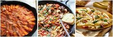 four different pictures with pasta and vegetables in them