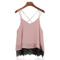 Item Type: Tops Pattern Type: Solid Tops Type: Camis Material: Silk Fabric Type: Chiffon Clothing Length: Short Decoration: Lace Pink Chiffon Tops For Beach, Summer Chiffon Tops With Lace Trim, Crop Top Satin, Pop Clothing, Chiffon Tank Tops, Lace Outfit, Lace Crop Tops, Curvy Girl Outfits, Chiffon Lace