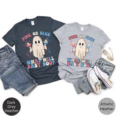 Looking for a fun way to announce your pregnancy to your loved ones? Our couples Halloween pregnancy announcement / gender reveal shirts are perfect for celebrating your new arrival together.  ● Bella and Canvas brand t-shirt ● UNISEX adult sizing ● Rolled sleeves in pictures are for styling purposes only ● Props used in photos are NOT included with purchase SIZE: ● Take a look at the photos to see a specific size chart for this T-Shirt style ● PLEASE NOTE: these shirts are unisex! They are NOT women's fitted shirts. If you're going for a more fitted look, we suggest to size down. ● To find the right size, lay your favorite shirt at home flat and meassure armpit to armpit. Then compare to the size chart in the photos. FABRIC: These t-shirts have ribbed-knit collars to bolster shaping. The Cute T-shirt With Funny Print For Gender Reveal, Cute Funny Print T-shirt For Gender Reveal, Funny Crew Neck T-shirt For Gender Reveal, Funny T-shirt For Gender Reveal With Letter Print, Funny Letter Print T-shirt For Gender Reveal, Fun Crew Neck T-shirt For Gender Reveal, Fun Crew Neck Top For Gender Reveal, Fun Tops With Funny Print For Gender Reveal, Fun T-shirt With Custom Print For Gender Reveal