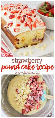 strawberry pound cake recipe with white frosting and strawberries