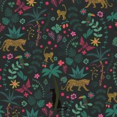 a black background with leopards, flowers and plants on it's sides is featured in this image