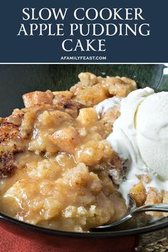 a close up of a plate of food with ice cream on top and the words slow cooker apple pudding cake