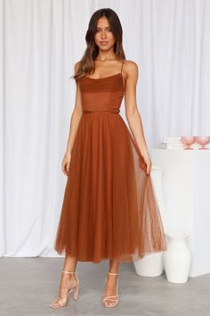 Signal My Way Tulle Midi Dress Chocolate | Hello Molly Midi Party Dress, Tulle Midi Dress, Look Retro, Summer Wedding Guests, Wedding Guest Dress Summer, Homecoming Dress, Wedding Guest Outfit, Guest Dresses