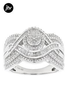 0.65ctw round and baguette white diamond, rhodium over sterling silver cluster ring. Measures approximately 1/4"L x 9/16"W and is not sizeable. Cluster Ring, White Diamond, Sterling Silver, Ring, Silver, White, Baguette