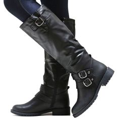 Be Comfortable And Stylish In These Knee High Riding Boots Faux Leatherette Material Decorative Silver Buckle Details Almond Toe Comfy Spongy Inner Boot Lining Side Zipper Low Stacked Heels Heel Height: 1.25 In. Boot Height: 15 In. Boot Opening: 15 In. Fitting: True To Size. Regular Foot And Calf Width. Black Knee-high Riding Boots For Fall, Black Casual Knee-high Boots For Outdoor, Casual Black Knee-high Boots For Outdoor, Black Moto Boots For Winter Riding, Black Winter Moto Boots For Riding, Winter Riding Black Moto Boots, Casual Knee-high Moto Boots For Riding, Casual Moto Boots For Fall Riding, Casual Moto Boots For Riding In Fall