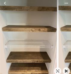 two pictures of shelves with different types of shelving in the same room, one is empty