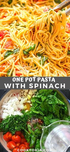 one pot pasta with spinach and tomatoes in it