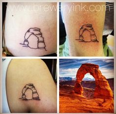 four different pictures of tattoos on the back of people's bodies, including arches and rocks