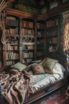 an old fashioned bed with lots of bookshelves in the corner and pillows on it