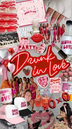 a collage of pink and red items with the words drunk in love