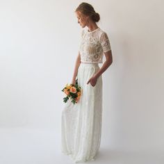 Bridal Separates - 2 Piece Wedding Dress This item includes the top and the skirtShort... Dress Separates, Wedding Dress Separates, 2 Piece Wedding Dress, Bridal Gowns Vintage, Two Piece Wedding Dress, Lace Dress Boho, Vestidos Color Rosa, Bridal Tops, Wedding Dress With Pockets