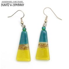 Stunning Artisan made - Fair Trade Triangle Shaped Fused Glass Earrings. Affordable. Classic Style. Click to discover several color options. #triangleearrings #fairtradedangles #fusedglass #jadeglassearrings Turquoise Glass Earrings For Gift, Summer Glass Earrings For Gift, Handmade Multicolor Glass Earrings, Handmade Glass Drop Earrings, Yellow Glass Earrings For Gift, Yellow Czech Glass Earrings For Gifts, Adjustable Multicolor Glass Earrings, Unique Glass Earrings With Ear Wire, Fused Glass Earrings