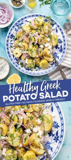 healthy greek potato salad with feta cheese, onions and herbs on a blue background