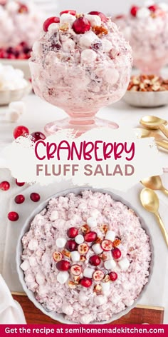 cranberry fluff salad in a bowl with spoons on the side