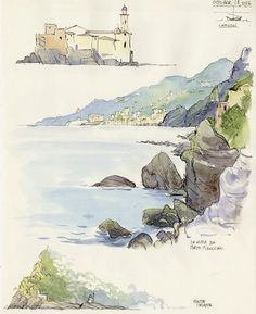 an image of a drawing of a castle by the water