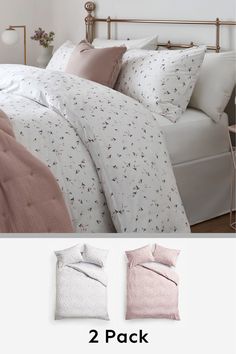 two bedding sets with pink and white sheets