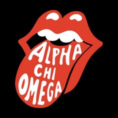 the rolling stones'logo with an open mouth and words that say, alpha chi omega