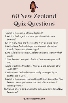 the new zealand quiz question is shown in pink and white with an image of a woman's face