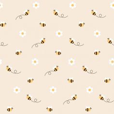 a pattern with bees and daisies on a light pink background for wallpaper or fabric