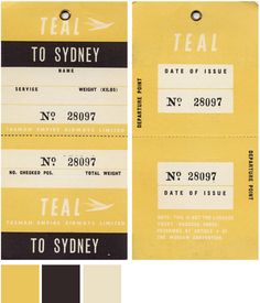 two yellow tickets with black and white labels on them, one is for teal to sydney