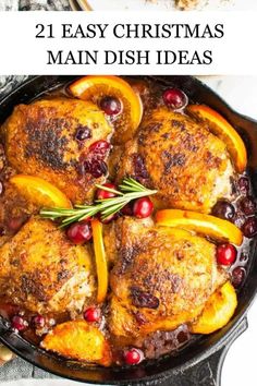 chicken in a skillet with cranberry sauce and rosemary garnish on the side