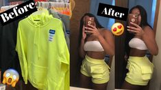 a woman taking a selfie in front of a mirror wearing yellow shorts and a neon green hoodie