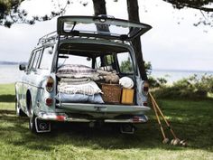 an old vw bus with luggage in the back parked on grass next to trees