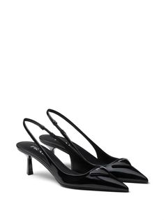 logo-plaque slingback pumps Prada's slingback pumps honour the Italian brand's minimalist design sensibility. Set on a mid heel, this black brushed-leather pair is solely decorated with the house's iconic triangle logo. Designer Sling Back Heels, Prada Stilettos, Prada Kitten Heels, Black Pointed Heels, Pointed High Heels, Prada Triangle, Heels Designer, Vintage Prada, Shoes Hack