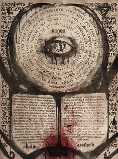 an eye is shown on top of a book with blood coming out of the pages