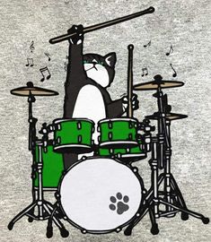 a black and white cat sitting on top of a green drum kit with musical notes